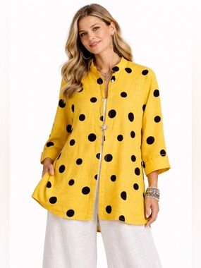 Talie Linen Blend Top Sz Large Yellow Black Polka Dot Button Up Lagenlook Casual